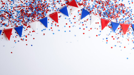 French-themed party frame with colorful string bunting and confetti on white, perfect for celebration branding and posters