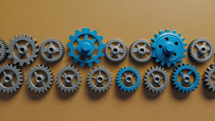 A teamwork concept showing blue and gray gears on a yellow background conveying connection, productivity, and technological processes.