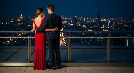 Romantic couple embracing on balcony overlooking city skyline at night