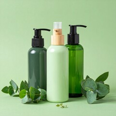 Green Bottles with Eucalyptus Leaves on Green Background