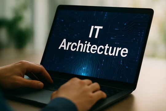 Person typing on a laptop displaying it architecture with a digital circuit background