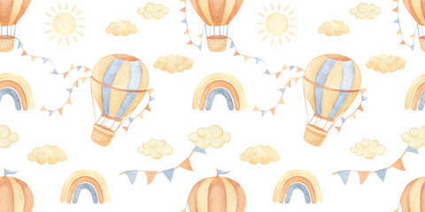 Seamless pattern with watercolor vintage hot air balloon with flags garland and rainbow. Hand drawn illustrations for children and baby in beige colors.