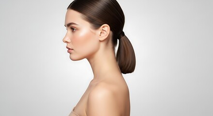 Profile portrait of a beautiful young woman with ponytail hairstyle