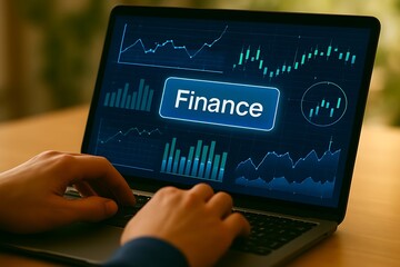 Person using a laptop displaying financial charts and graphs with the word finance