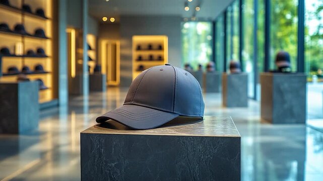 Blue baseball cap on display pedestal