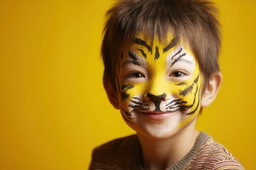A young child with tiger face paint smiles set against a vibrant yellow backdrop