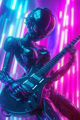 Weiblicher humanoider Roboter, Cyberpunk spielt E-Gitarre auf einem Rockkonzert, Generative AI