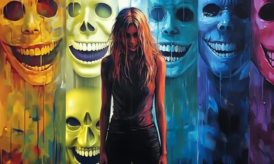 Woman Standing in Front of a Colorful Wall of Painted Faces with a Dark Outfit and Expression - Powered by Adobe