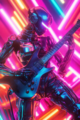Weiblicher humanoider Roboter, Cyberpunk spielt E-Gitarre auf einem Rockkonzert, Generative AI