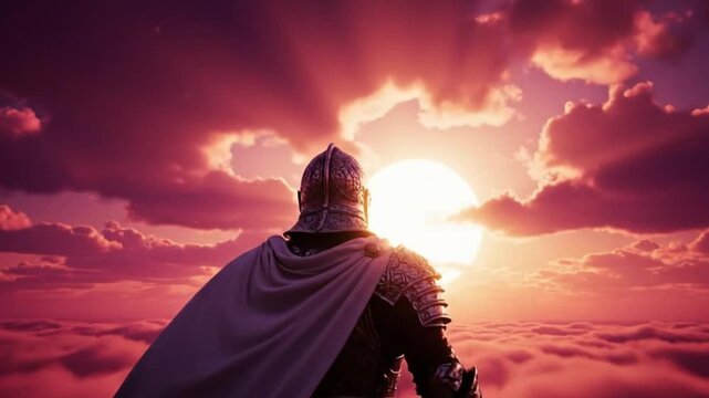 Knight Silhouetted Against a Vibrant Sunset, Epic Fantasy Artwork