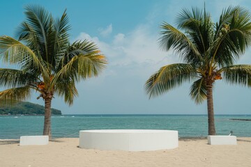 Beach podium and sea with palm trees and blue sky landscape background.