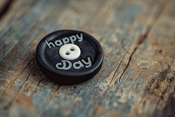 High Resolution Visual of a Black Button with White Lettering That Says Happy Day
