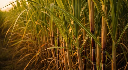 Obraz premium Close-up of Sugarcane Stalks and Leaves at Sunset