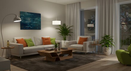 Modern Living Room Interior Design Cozy Evening Ambiance
