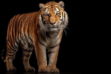 Fototapeta premium An adult tiger standing staring intently against a black background