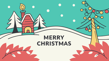 Obraz premium Whimsical holiday scene featuring a cozy cabin, decorated tree, and cheerful snowfall, perfect for Christmas greetings.
