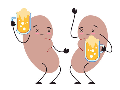 two anthropomorphic kidney characters drunk or tipsy while holding a beer mug representing the effects of alcohol on kidney health - Powered by Adobe