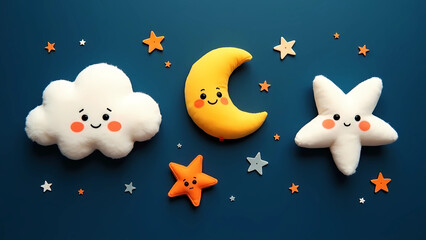 Obraz premium Whimsical Plush Celestial Flat Lay with Moon, Stars, and Cloud on Navy Background