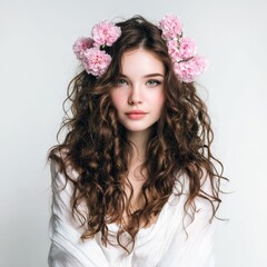Naklejka premium Beautiful woman with curly hair and pink flowers. Elegant, romantic style. Perfect for beauty, fashion, and cosmetic advertising.