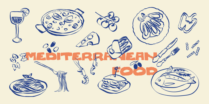 Whimsical Mediterranean food doodles. Quirky icons of breakfasr and brunch meals in simple crayon and sketch style. Trendy art for menus and dinner invitations. La dolce vita vector illustration