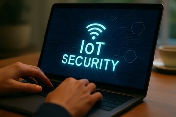 Person typing on laptop screen displaying iot security with wifi symbol and circuit board pattern