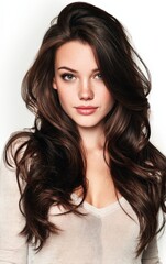 Naklejka premium Stunning brunette model with long, wavy hair. Perfect for beauty, fashion, and haircare advertising. Ideal for websites, magazines, and social media.