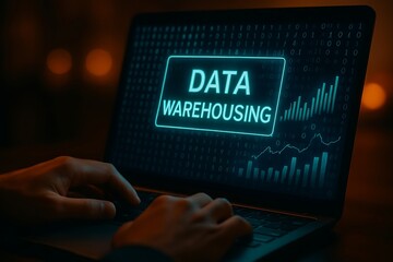 Close up of hands typing on a laptop displaying data warehousing with binary code and charts