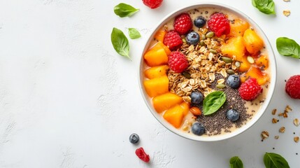 Top-down view of a colorful smoothie bowl with granola, chia seed, and fresh fruit, symbolizing healthy eating, nutritious breakfast, and a balanced lifestyle on a white textured background
