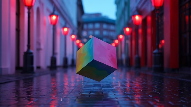 Colorful 3d cube floating in empty street with glowing red lights and wet pavement in futuristic surreal atmosphere
 - Powered by Adobe