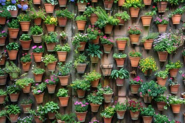 Detailed Visual  of a Wall of Pots with Plants and Flowers on Them