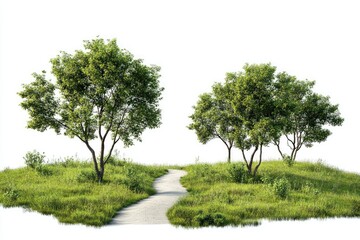 Nature Walk Near Peaceful Road Isolated on White Background, Depth of Field