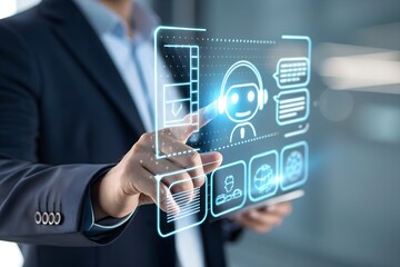 Businessman using AI agent interface for smart automation and digital communication. Concept of artificial intelligence, chatbot, virtual assistant, and generative AI technology.