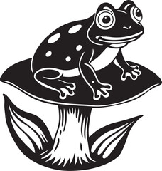 Black frog sitting on mushroom black and white icon