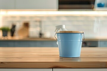 Vibrant Color Image of Bucket with Cleaning Items on Wooden Table