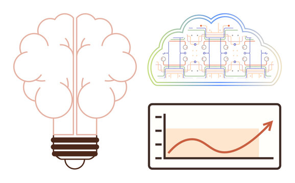 Brain-thumbs up lightbulb, cloud with circuits, and growing graph represent innovation, technology, analytics, creative thinking, problem-solving, machine learning and progress. Ideal