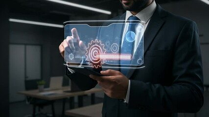 A person in a suit interacts with a digital tablet displaying holographic gears and progress bars - Powered by Adobe