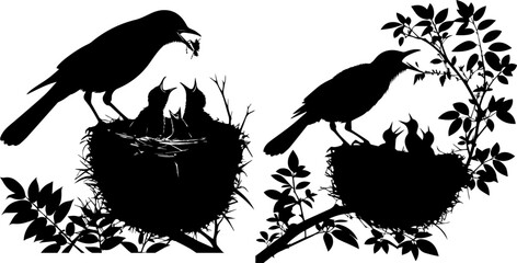 Parent Bird Feeding Chicks in Nest Silhouette - Nature's Nurturing Scene