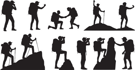 Diverse Hiking Silhouettes Against a White Background