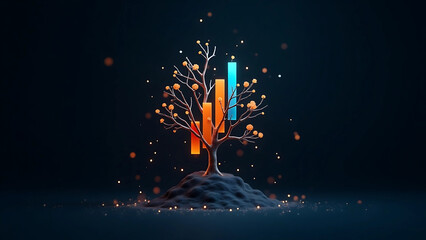 Abstract 3D Data Growth Visualization – Bar Charts Morphing into Organic Tree Branches