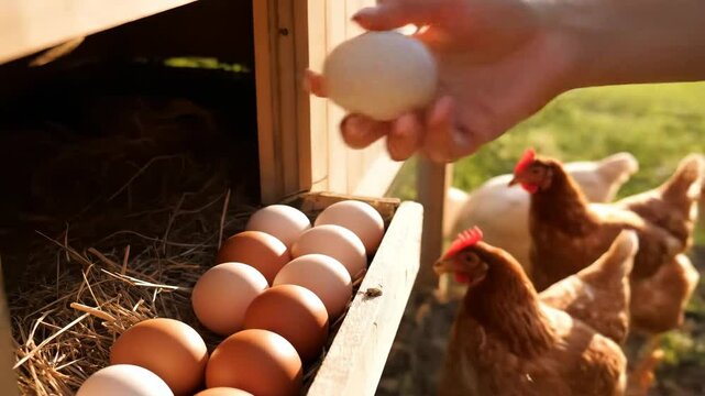 A hand collects fresh eggs from a rustic wooden chicken coop in a sunny garden.  Brown hens are visible nearby.  The image evokes feelings of rural life and fresh, organic food.