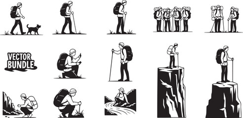 Diverse Hiking Silhouettes Against a White Background