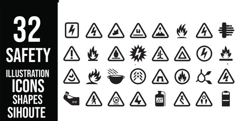A collection of black and white safety hazard icons in a grid layout on a white background