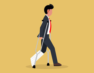 Broken Legs.  An injured businessman walking with crutches determined to keep moving forward despite the pain