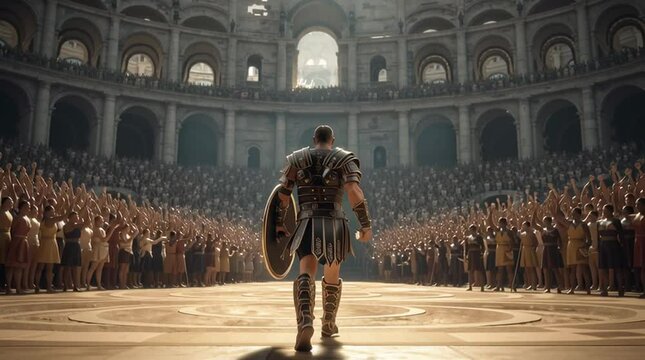 Roman gladiator striding confidently through Colosseum entrance, sunlight illuminating muscular warrior before roaring spectators