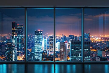 Background of a Cityscape Skyline Showing the City with Bright Lights Out of a Modern Window
