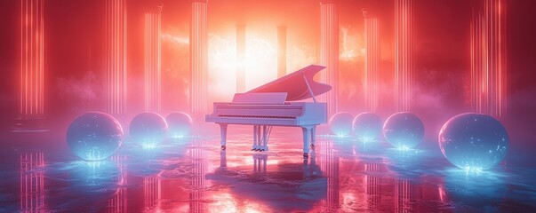 Grand piano in a vaporwave futuristic setting with glowing spheres and columns