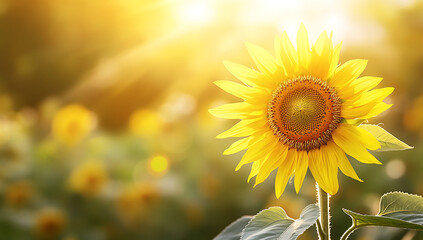 Beautiful sunflower in blurred background of field with copy space, banner design. Bright yellow color background with sun and sunlight rays. Spring or summer concept. 