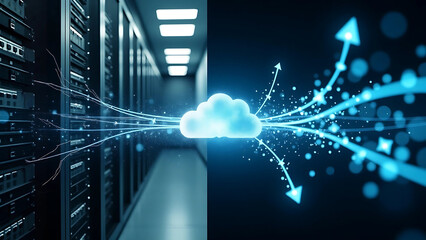 Split-Screen Visualization of Server Rack and Abstract Cloud Network – Cloud Migration Concept