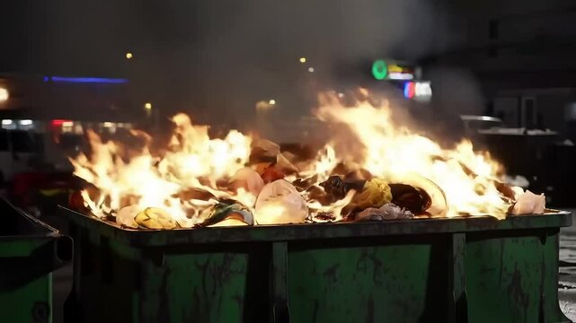 Trash bin, large green dumpster filled with burning debris and garbage bags, intense flames and thick smoke rising from the fire