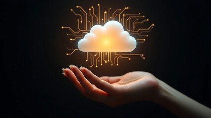 Hand Interacting with Holographic Cloud Icon and Radiating AI Circuitry on Dark Background